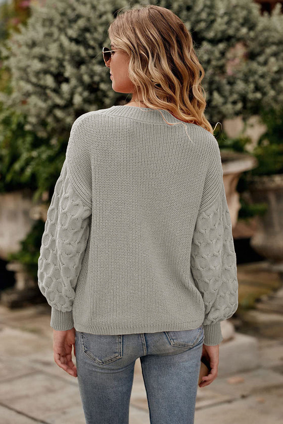 Gray Solid Cable Knit Drop Shoulder Sleeve Sweater