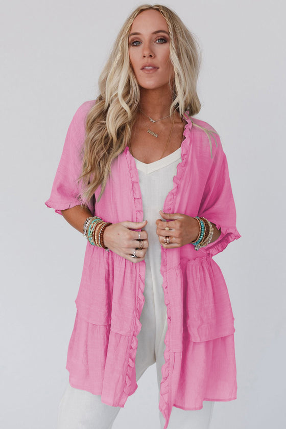 Green Ruffled Trim Short Sleeve Open Front Kimono | Available in Other Colors