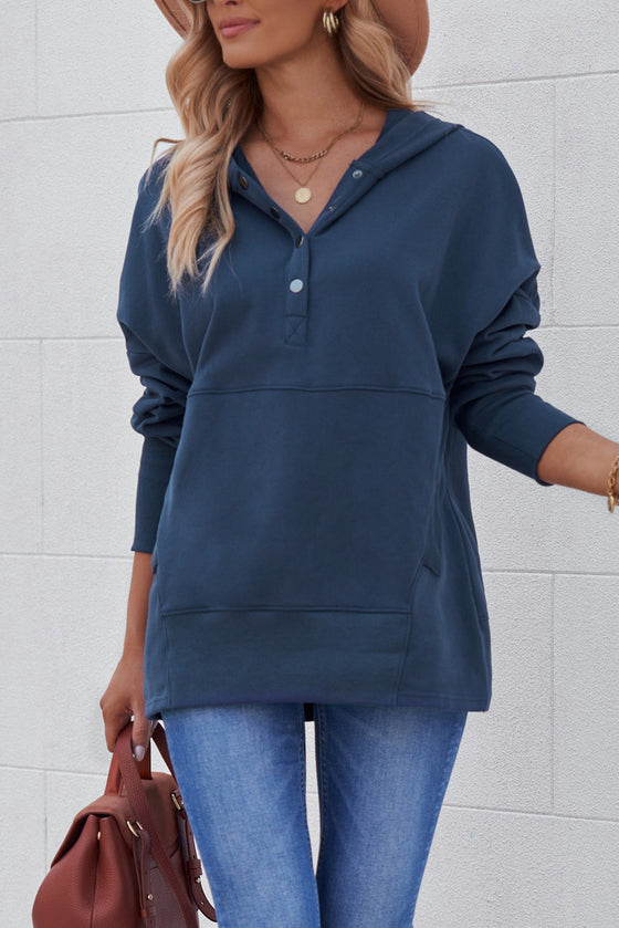 Grey Batwing Sleeve Casual Pocket Henley Hoodie | Available in 7 Colors