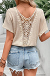 Oatmeal Guipure Lace Splicing Back Waffle Textured T-shirt | Available in 2 Colors