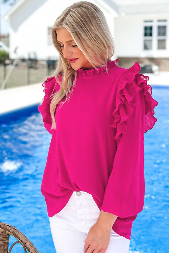 Rose Solid Button Keyhole Back Pleated Ruffle Trim Blouse | Available in Black