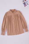 Khaki Solid Color Casual Button Up Puff Sleeve Pleated Shirt | Available in Other Colors