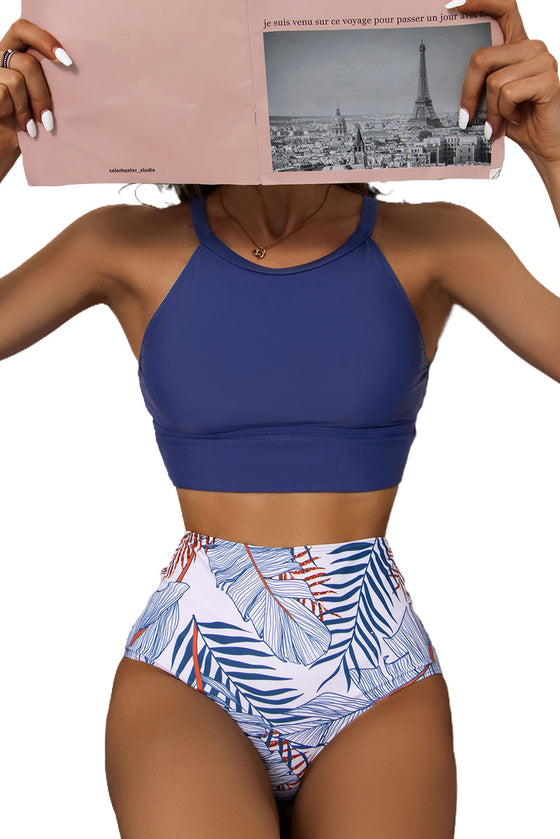 Blue Tropical Print Back Split Color Block High Waisted Swimsuit