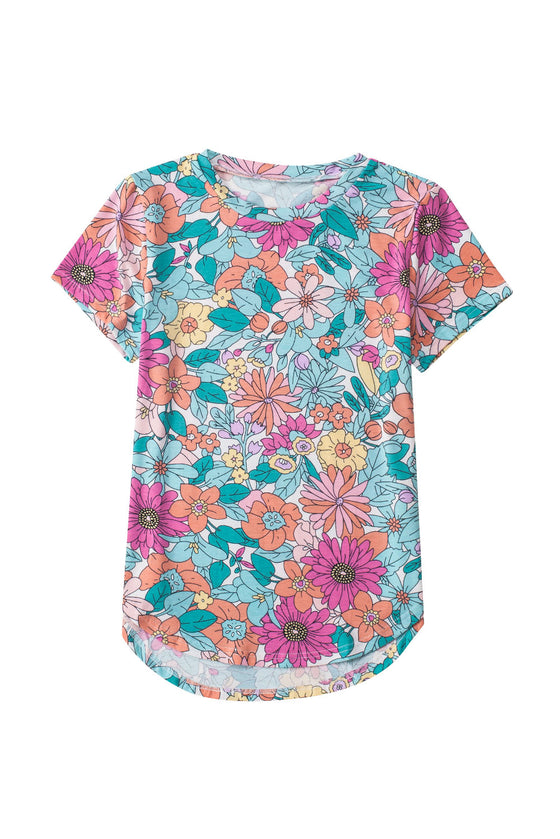 Multicolor Floral Print Asymmetric Hem T Shirt