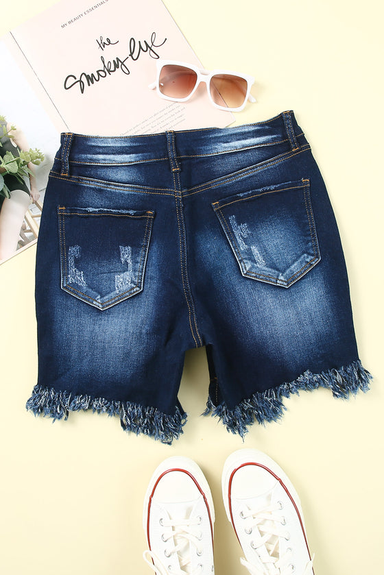 Blue Distressed High Waist Denim Shorts