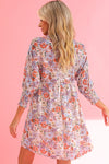 Purple Floral Boho Frilled Neck Shirred Cuffs Mini Dress