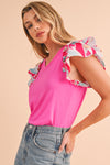 Bonbon V Neck Ruffle Floral Sleeve T Shirt