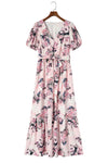 Pink Floral Print Wrap Puff Sleeve Dress