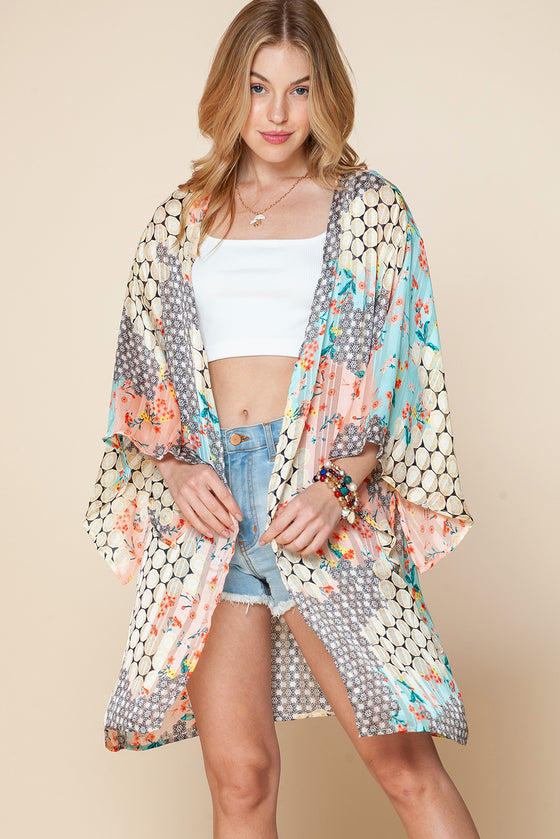 Multicolor Boho Floral Open Front Half Sleeve Kimono