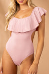 Pink Ruffle Overlapping Backless One-Piece Swimwear