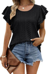 White Eyelet Textured Ruffle Short Sleeve Blouse | Available in Black