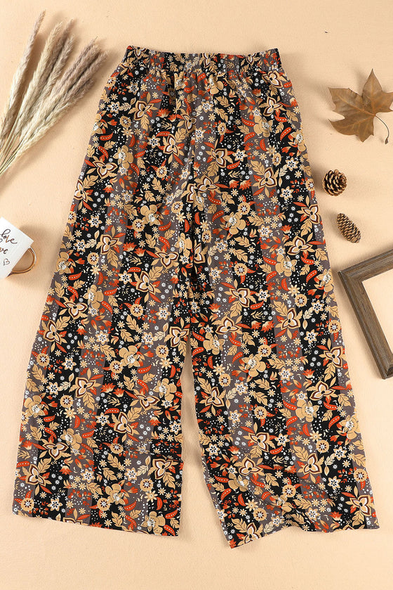 Black Floral Print Boho High Waist Wide Leg Pants