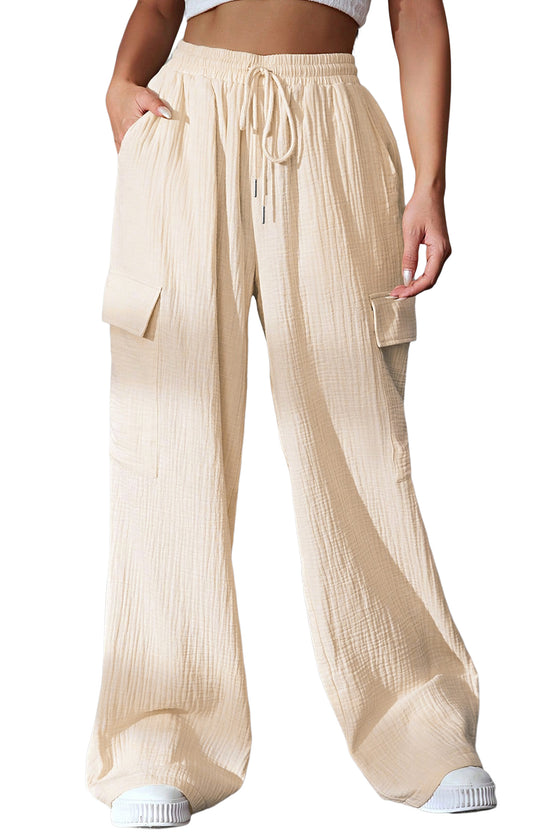 Apricot Loose Drawstring High Waist Crinkled Cargo Pants