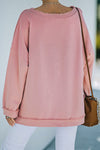 Pink Casual Frayed Trim Side Slit Loose Sweatshirt