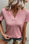 Pink Knit V-Neck Short Sleeve Shirt