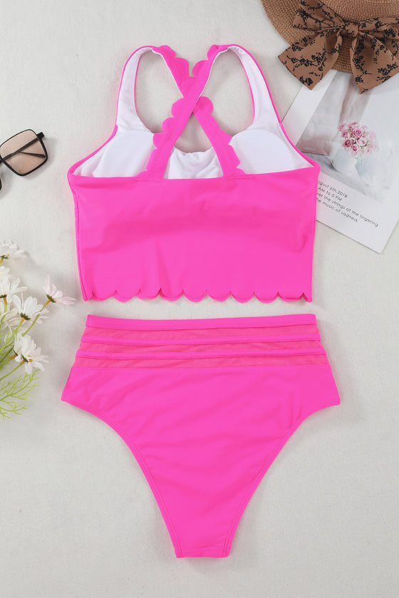 Rose Scalloped Sleeveless High Waisted Two-Piece Swimsuit | Available in 2 Colors