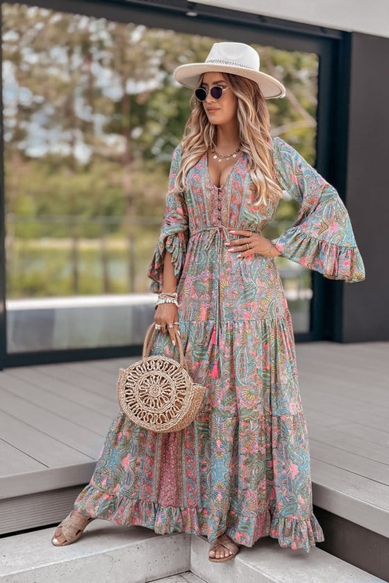 Green Paisley Print Boho Ruffle Trim Tied Maxi Dress