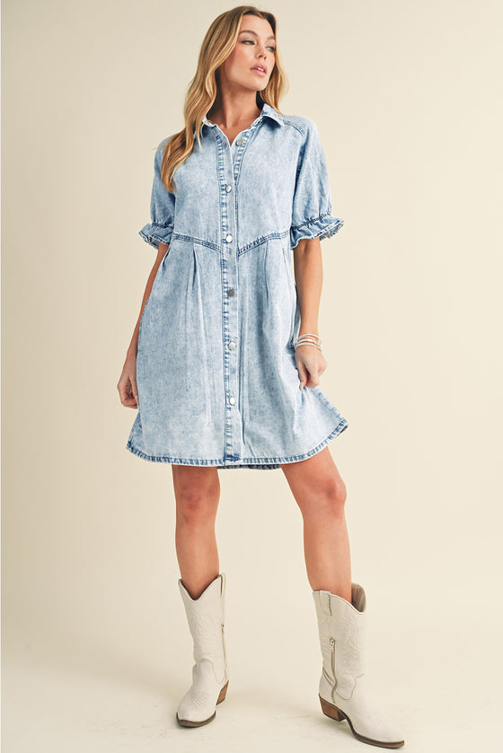 Blue Mineral Washed Ruffled Short Sleeve Pocketed Denim Dress