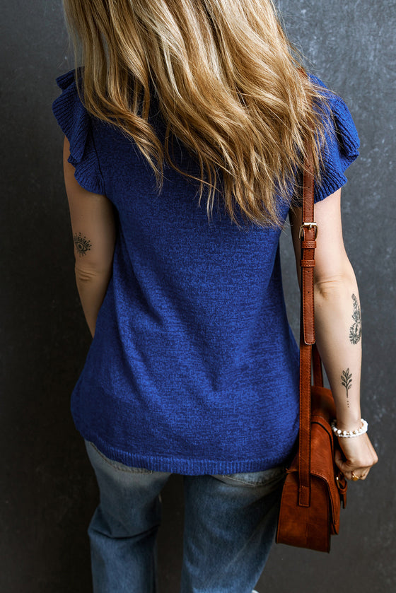 Royal Blue Knitted Ruffle Sleeve Blouse