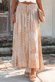  Peach Colored Boho Flower Print Smocked Waist Button Slit Maxi Skirt