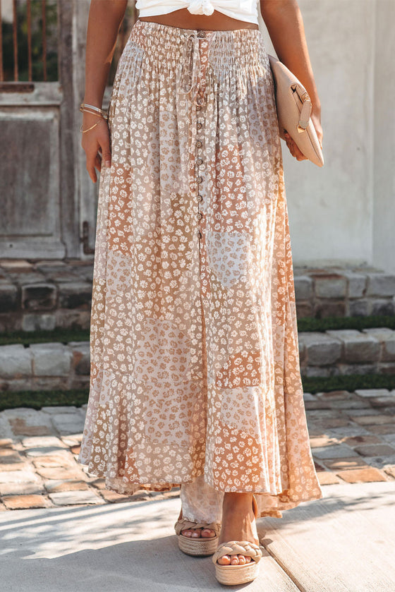 Peach Colored Boho Flower Print Smocked Waist Button Slit Maxi Skirt