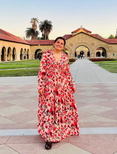 Pastel Red Floral Print Ruffle Trim Plunge Neckline Maxi Dress