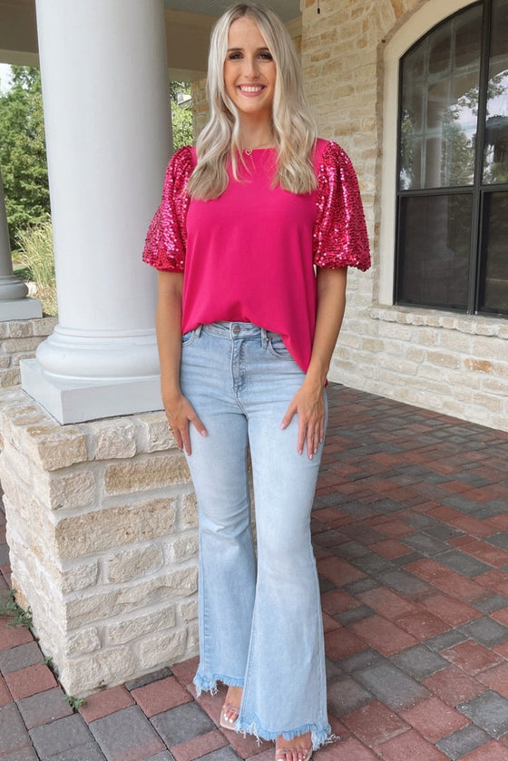 Rose Red Sequins Splicing Puff Sleeve T-Shirt