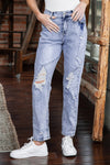 Sky Blue Acid Wash Sheath Straight Leg Distressed Jeans