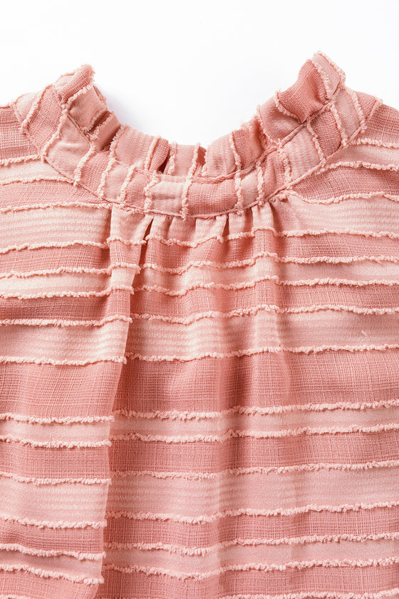 Coral Paradise Textured Striped Frill Neck Knot Ruffle Top