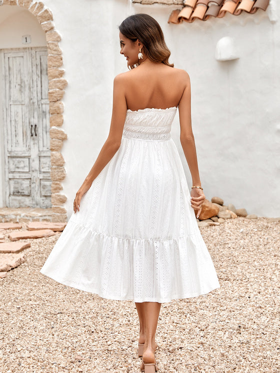 Sleeveless Smocked and Pleated Eyelet Dress