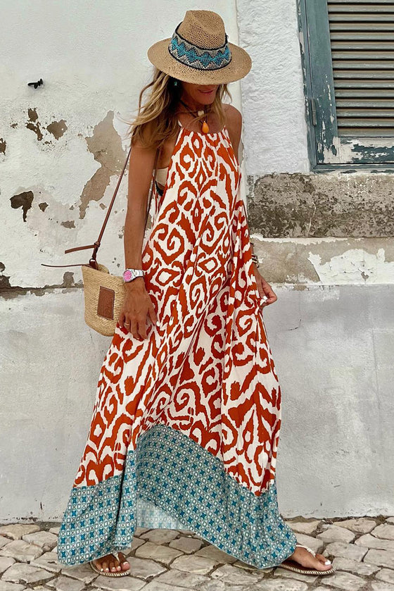 Orange Boho Geometric Print Sleeveless Maxi Dress