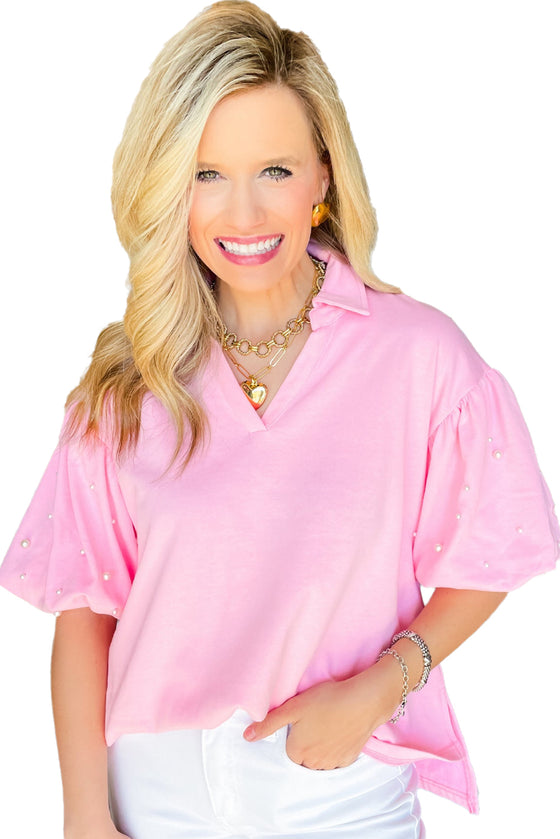 Pink Pearl Studded Puff Sleeve Collared Top