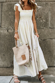  Beige Plaid Ruffled Sleeveless Smocked Maxi Dress