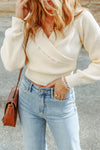 Beige Ribbed Long Sleeve Surplice Crop Sweater