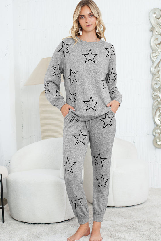 Black Stars Print Long Sleeve Top and Drawstring Pants Set | Available in Gray