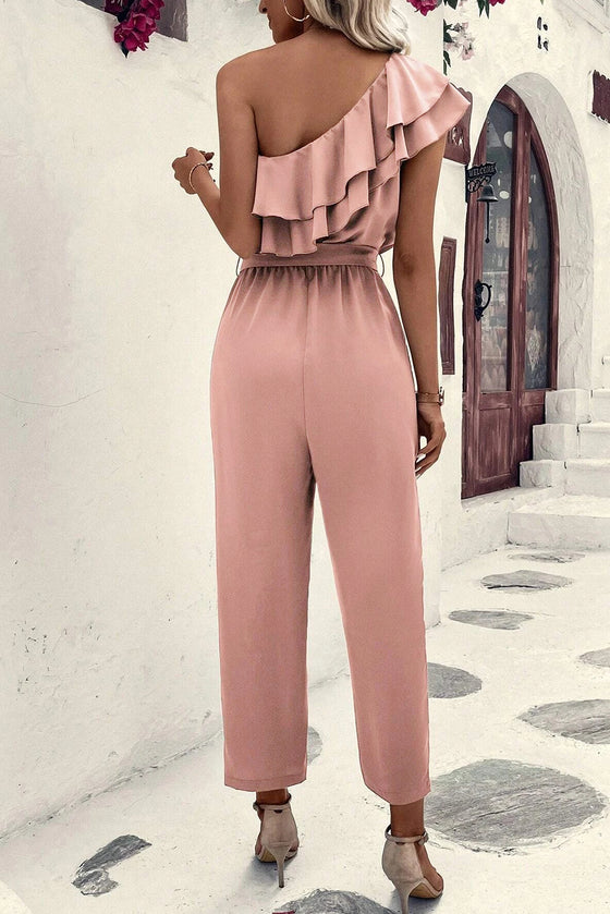 Dusty Pink Asymmetric Shoulder Ruffle and Belted Jumpsuit (Pre-Order)