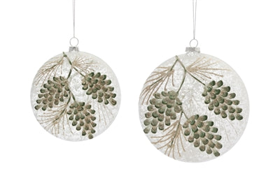 2 Sets of 2 Pinecone Glass Disc Ornaments