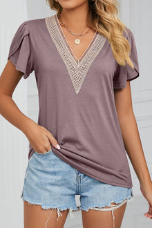  Purple Boho Top Petal Sleeve V Neck T Shirt