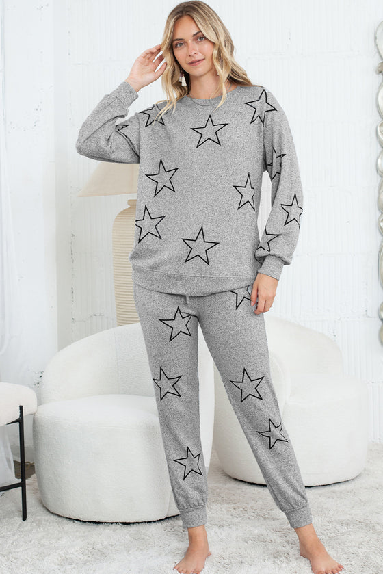 Black Stars Print Long Sleeve Top and Drawstring Pants Set | Available in Gray