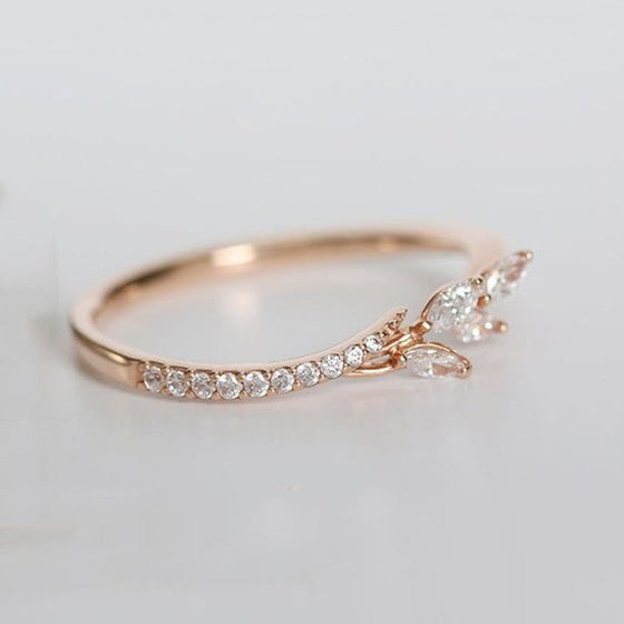 Women's Delicate Leaf Gold Ring with Rhinestones