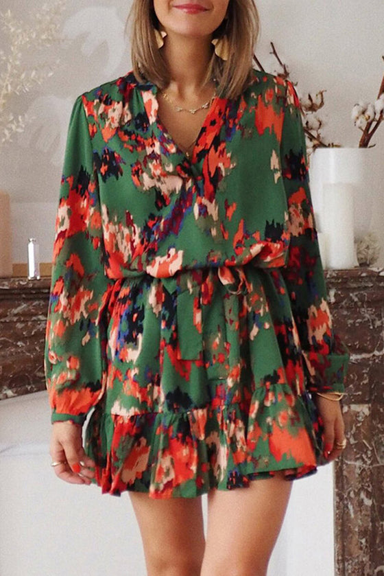 Abstract Print Waist Belted Long Sleeve Dress | Other Colors Available