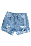 Light Blue Casual Ripped Rolled Hem Denim Shorts