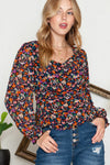 Black V Neck Bubble Sleeve Floral Blouse