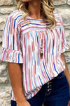 White Stripe Ruffled & Short Sleeve Plus Size Blouse