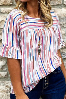  White Stripe Ruffled & Short Sleeve Plus Size Blouse