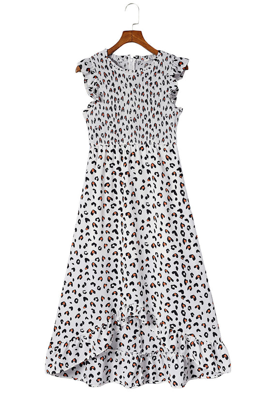 White Smocked Sleeveless Leopard Print Dress