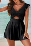 Black Cut Out Ruffle Crossed One Piece Swim Dress | Available in 2 Colors