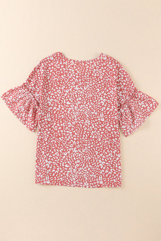 Pink Leopard Print Casual Flounce Sleeve Blouse for Women