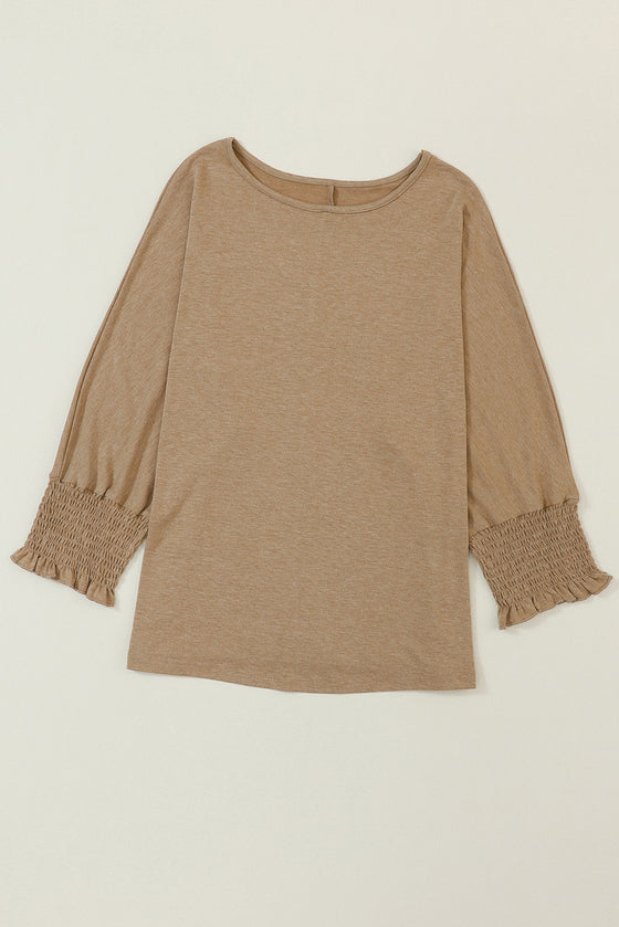 Black Plain Smocked 3/4 Sleeve Casual Loose T Shirt | Available in 3 Colors