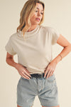 Oatmeal Solid Color Short Sleeve Zip Back Blouse